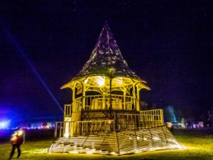 temple of sprials lit up brightly at night