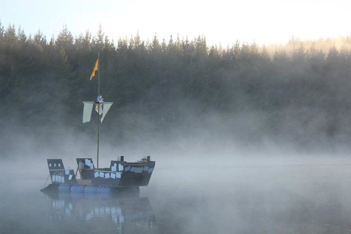 home made Pirate ship on a hazy lake