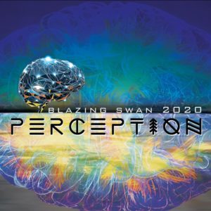 Blazing Swan 2020 poster, silver glinting brain and psychedelic colours 