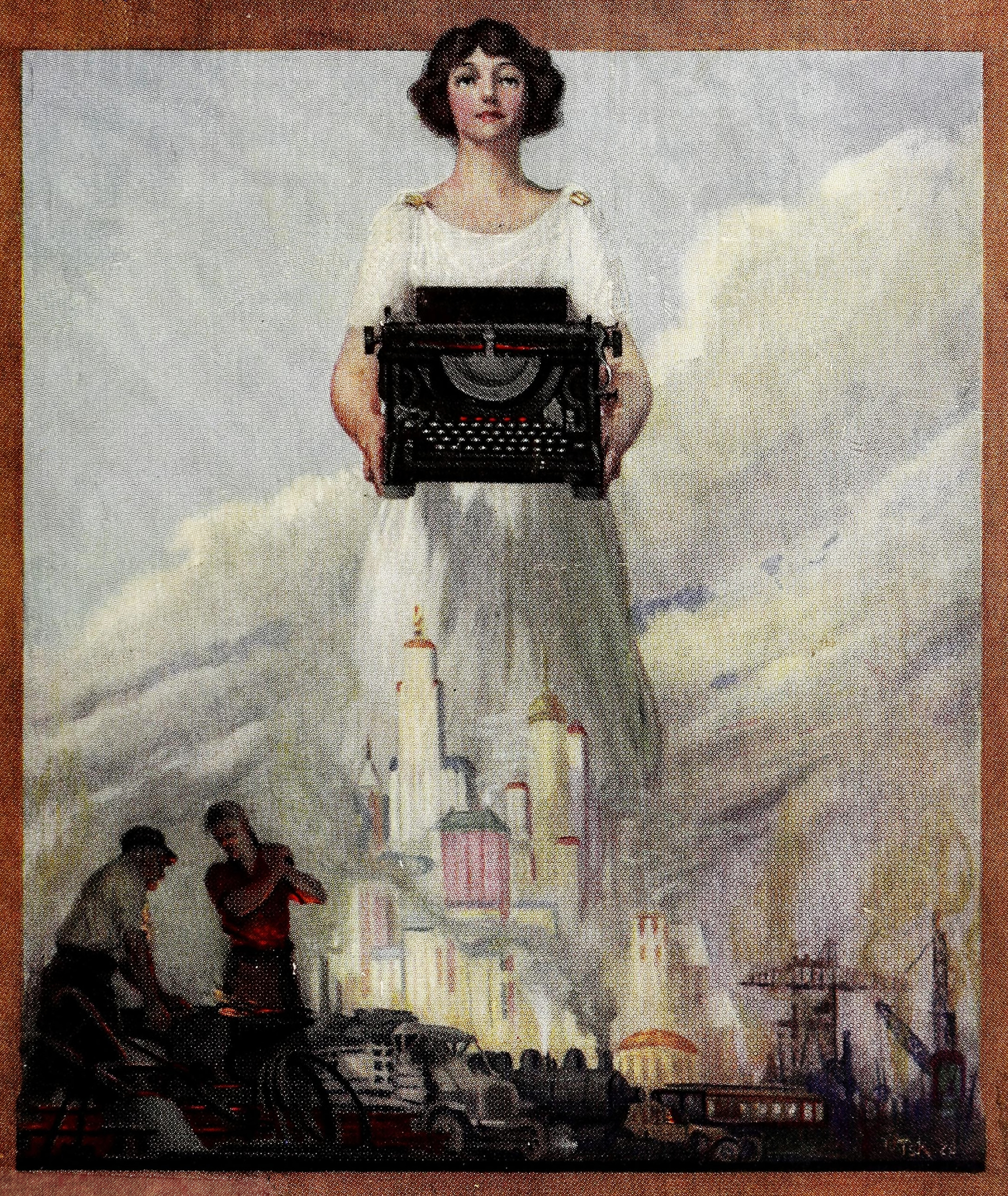 A giant woman holding a typewriter above a city skyline