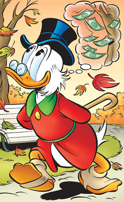 A cartoon of Scrooge McDuck, looking dreamy, with a thought bubble of money above his head