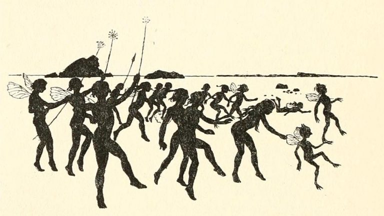 Black silhouettes of fairies dancing at the sea shore
