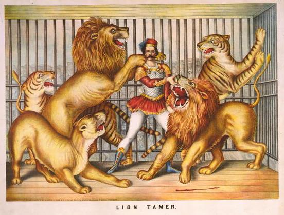 A vintage poster of a lion tamer standing boldly in the middle, surrounded by wild lions on all sides.