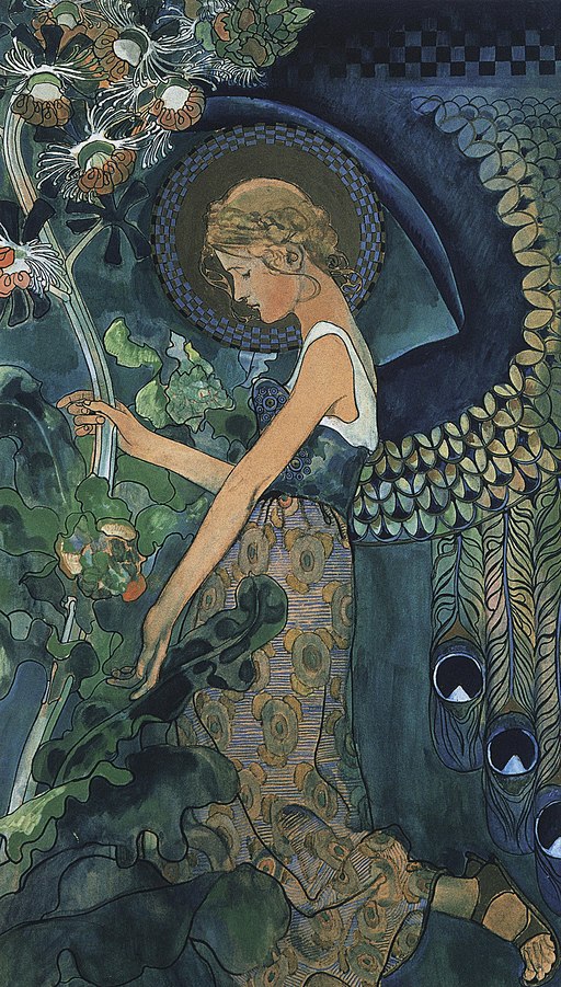 A beautful sad blond female angel holds a branch with flowers while facing left. Her wings have peacock feathers.