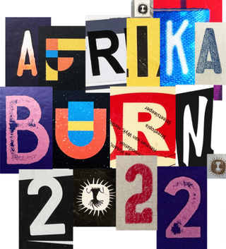 The words Afrika Burn 2022, done in cut out news-paper style letters