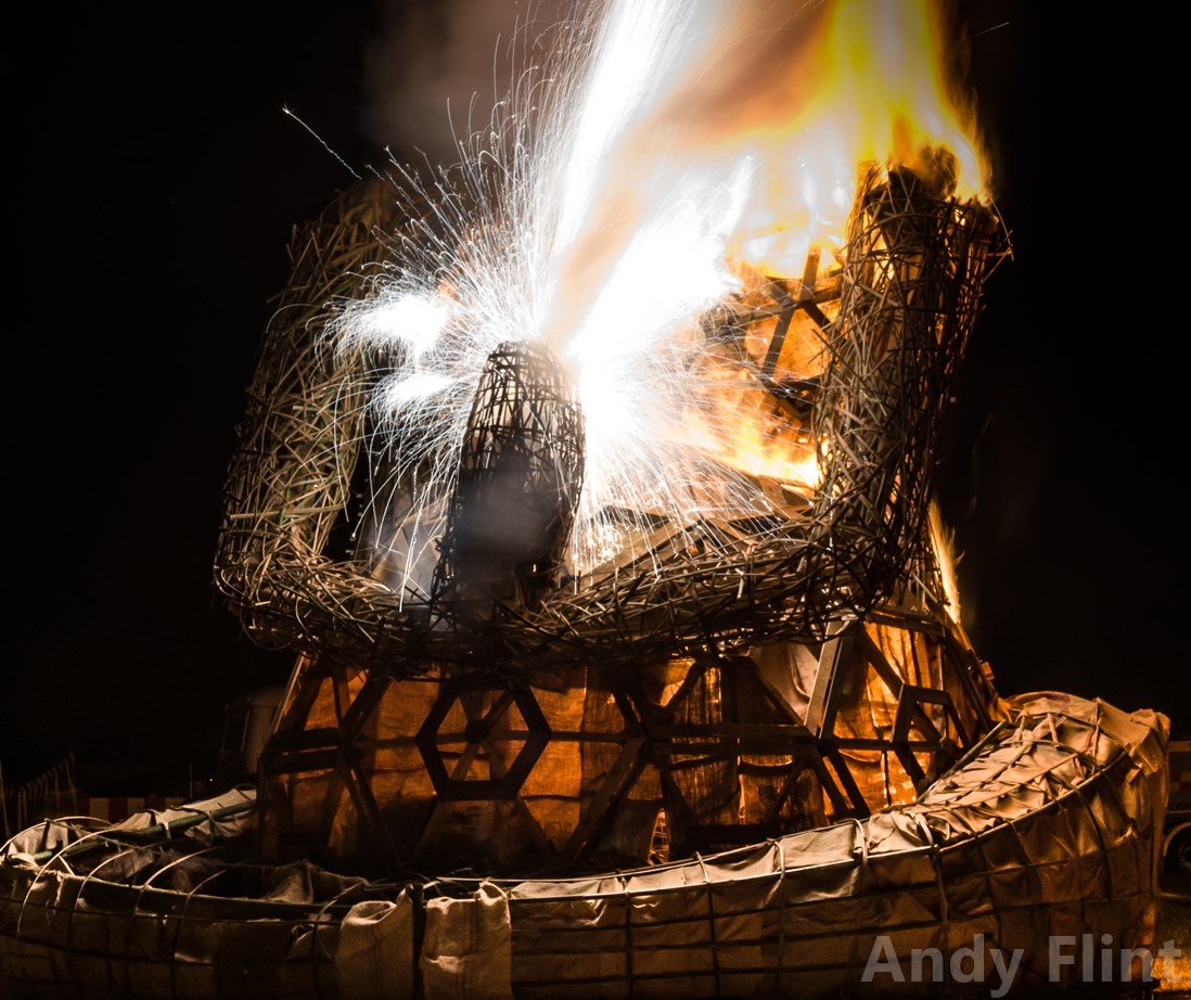 Sparks fly from a burning Effigy