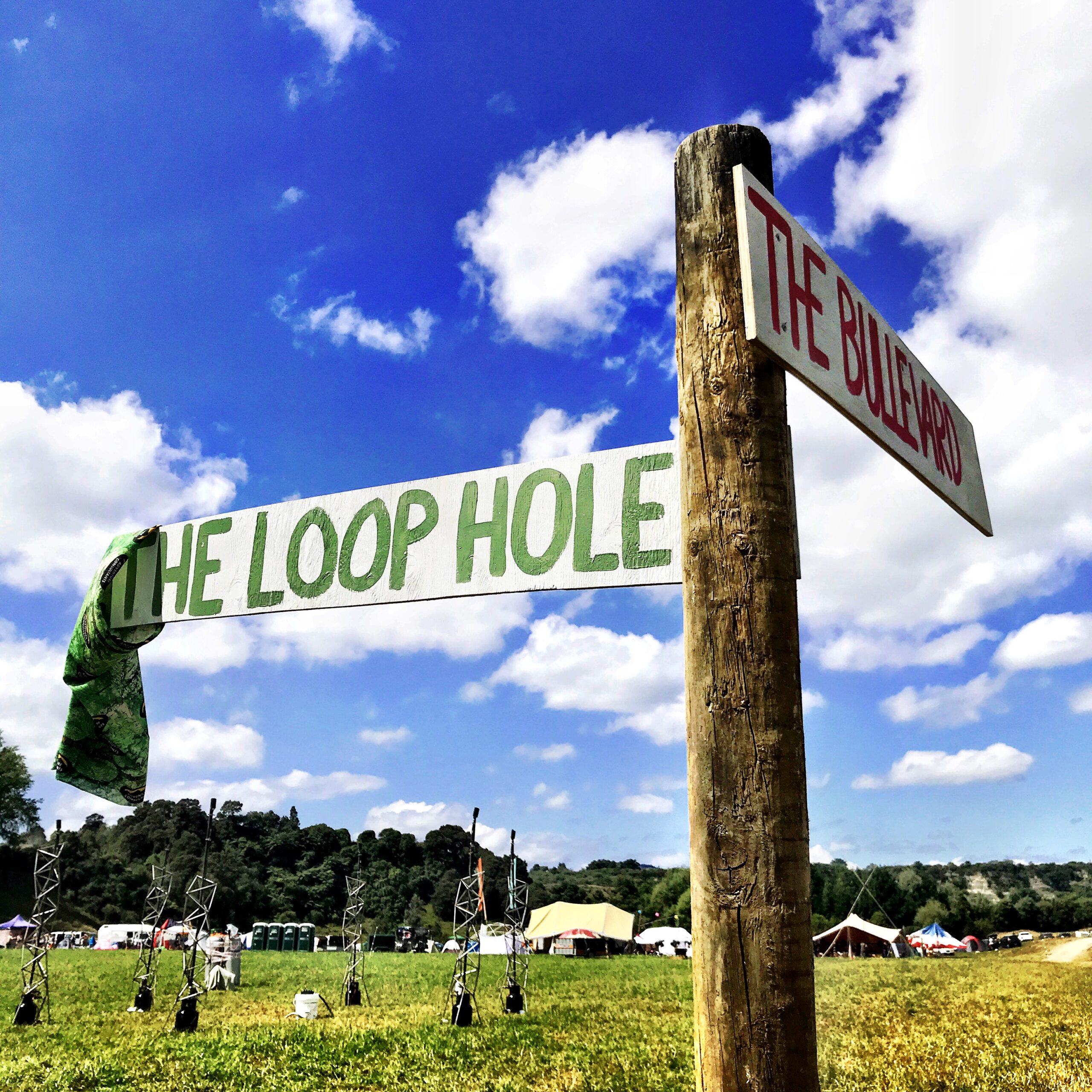 Road signs on the Paddock against a blue sky