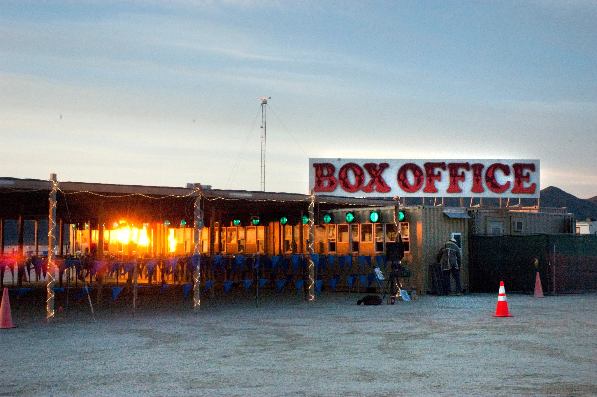 The empty box office in the fading daylight at Burning Man