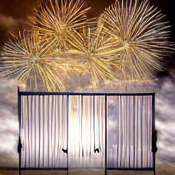 An iron gate stands proud with yellow-gold fireworks exploding above it