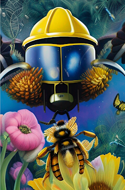 An AI created image of a person wearing a gas mask and a yellow safety helmet, with pink and yellow flowers and a bee in the foreground