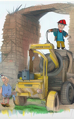 A sketch of a person next to a yellow tractor underneath a wooden arch way, with another person on top of the tractor