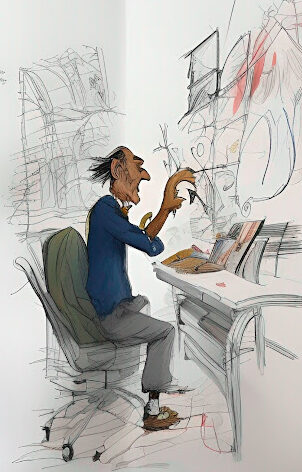 A sketch of an elderly man sitting at a desk typing onto a keyboard