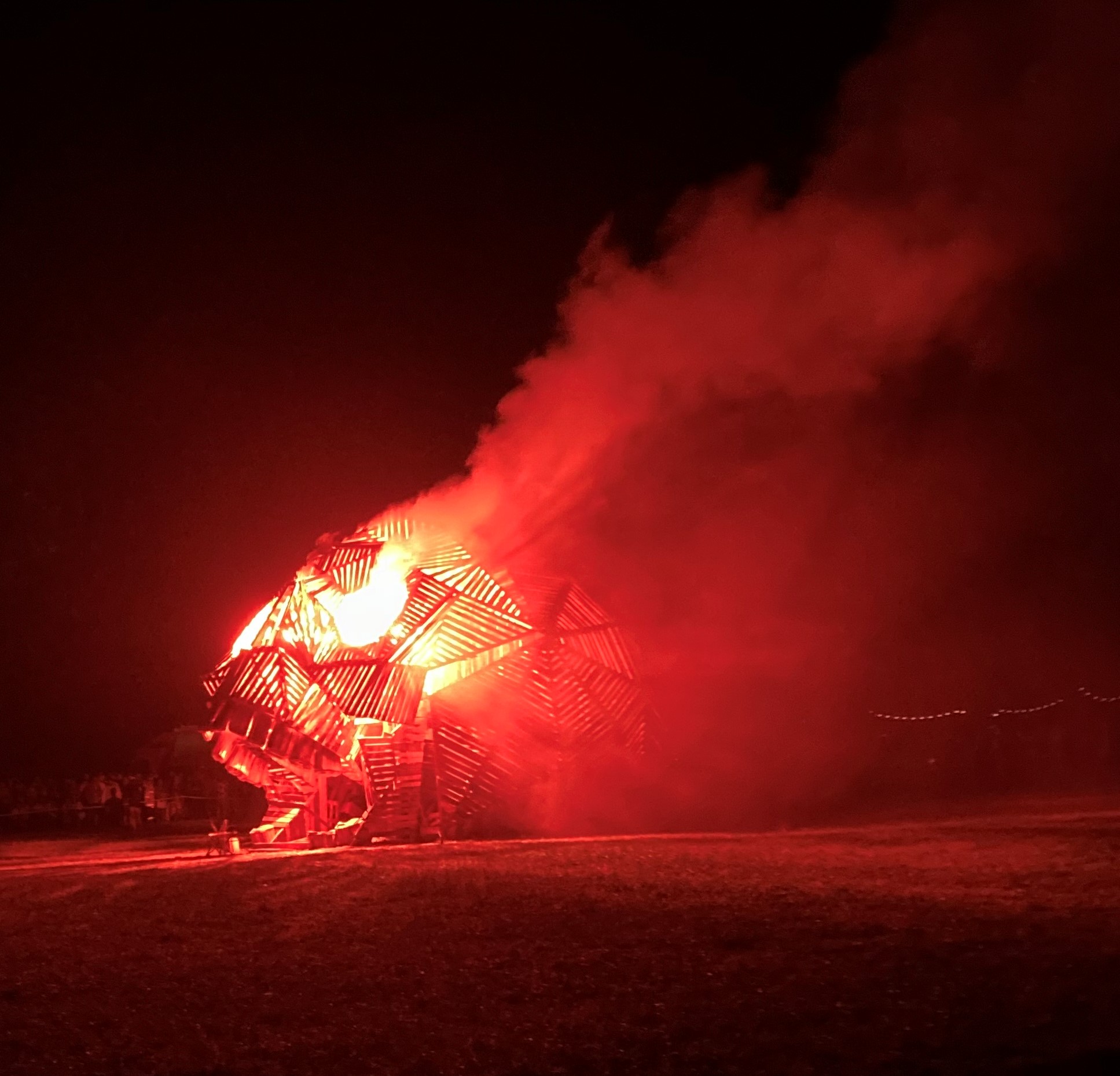 The 2023 Effigy, a skull, engulfed by red flames