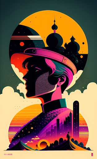 An abstract image of a persons profile and shoulders, wearing a crown of buildings and planets, with mountains and buildings in front of their shoulders