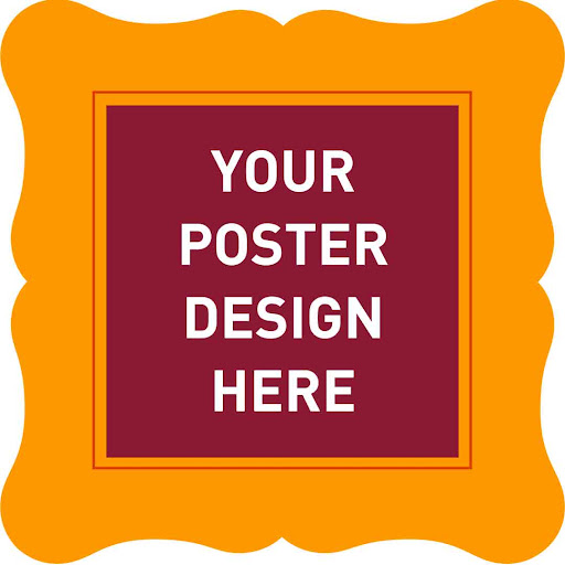 A wavy orange border encases a deep red square with the words 'your poster design here' in bold white