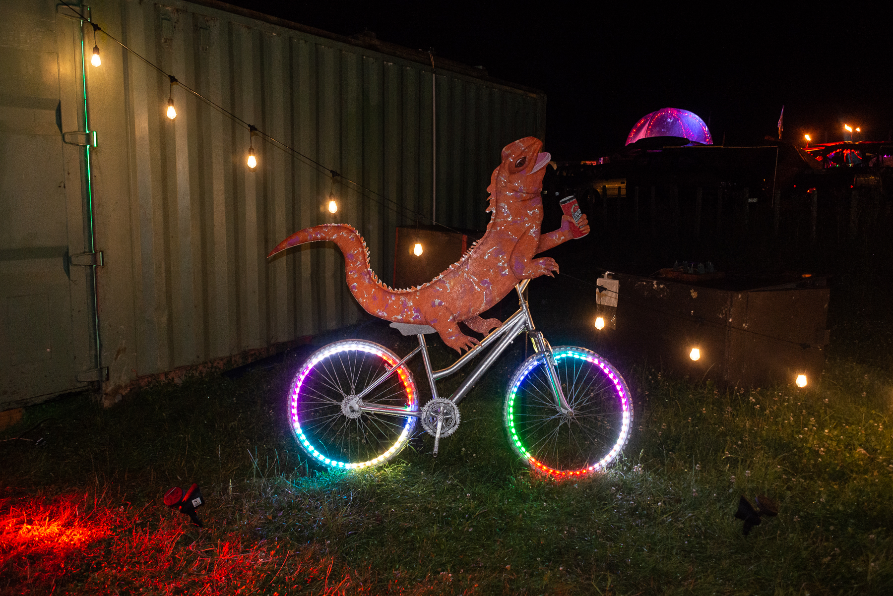 An art piece of a huge lizzard holding a Double Brown sitting atop a bicycle with bright LED wheels