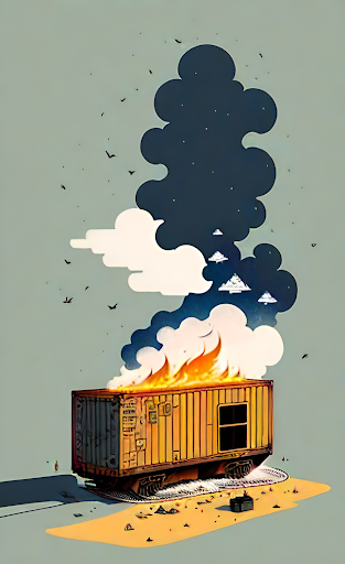 an AI generated image of a shipping container on fire with a plume of smoke rising from it