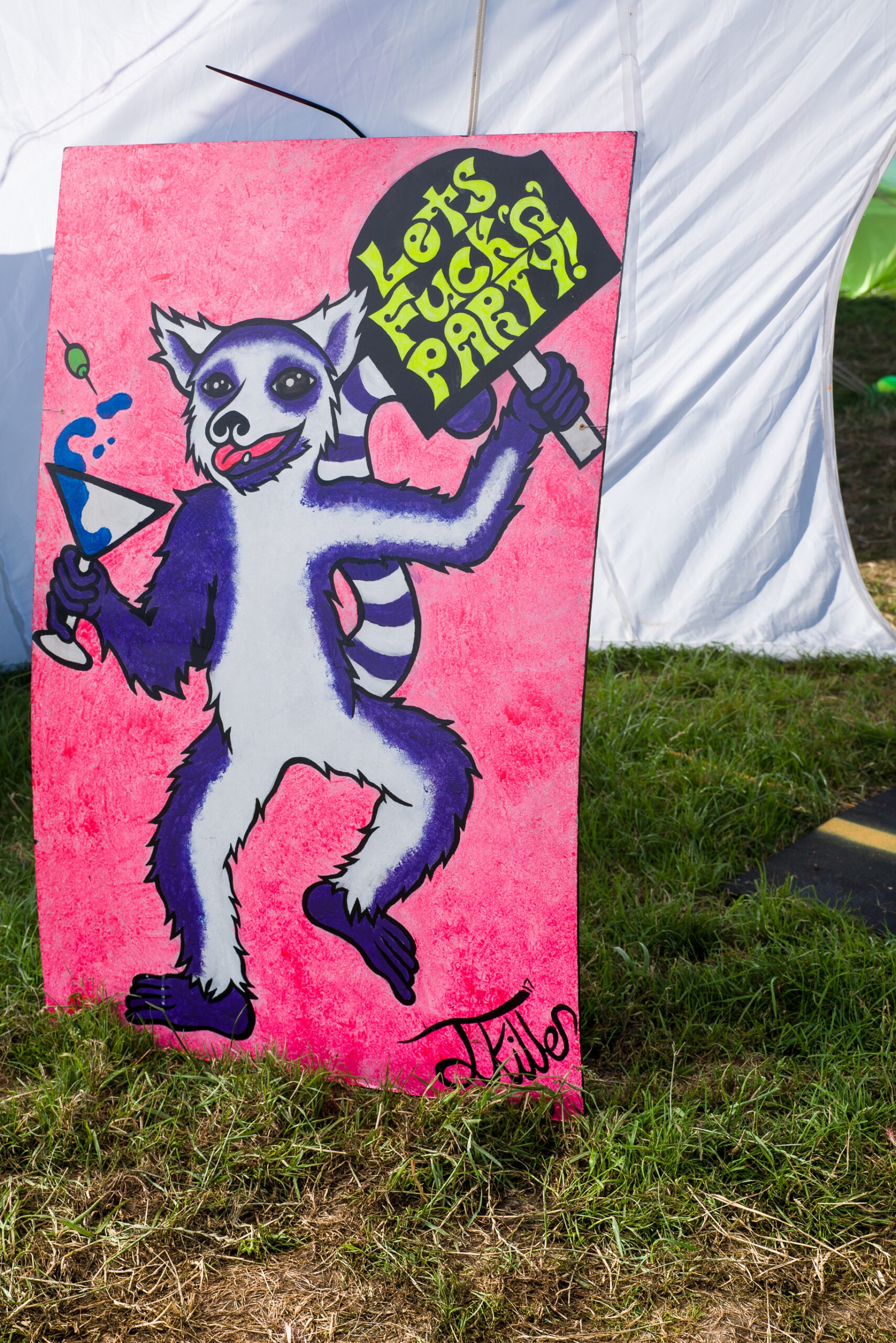 A poster of a leemur holding a cocktail glass and a sign that says let's fuckin party