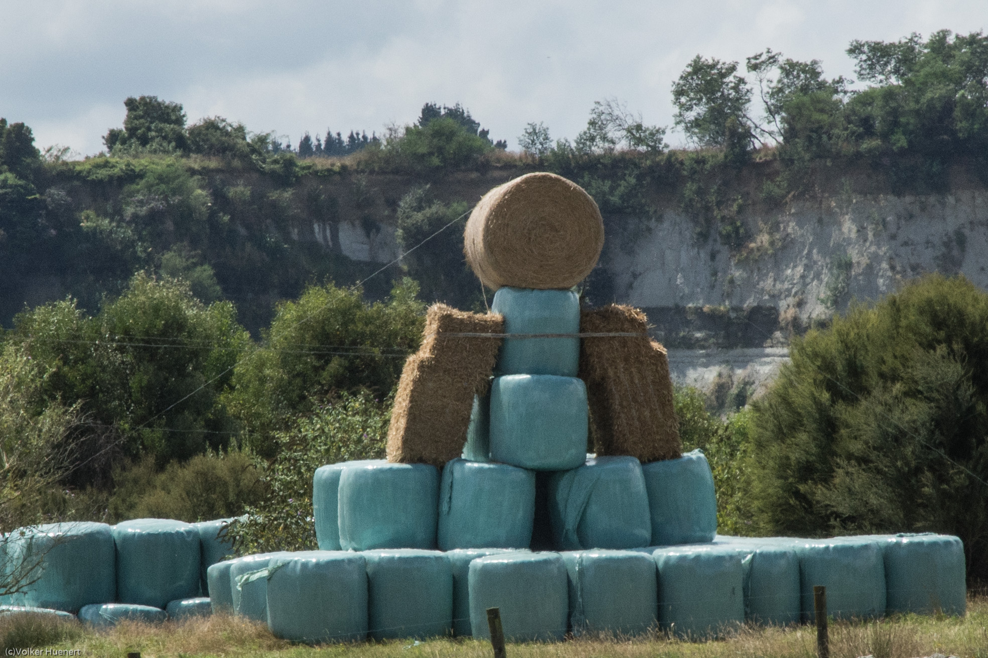 a stack of hay and silage bales are formed to shape a person, with stunning white cliffs and green trees in the background