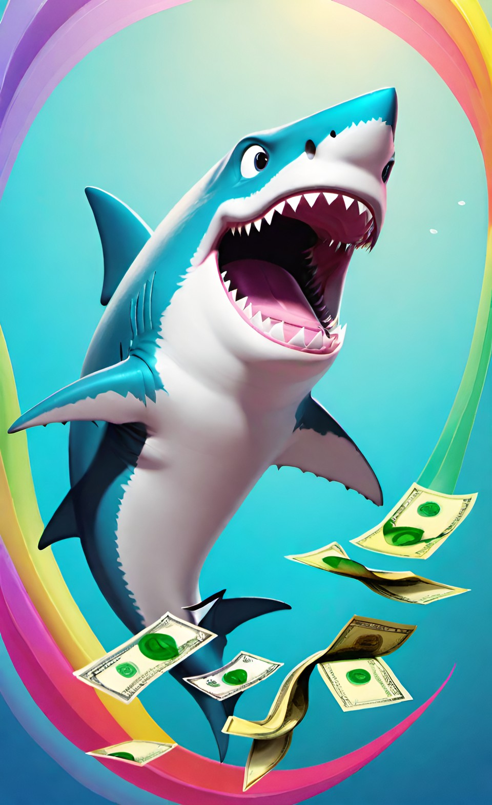 a happy shark handing out money