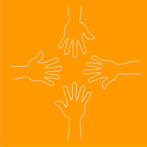 A yellow background with the outline of 4 hands in white reaching towards the centre