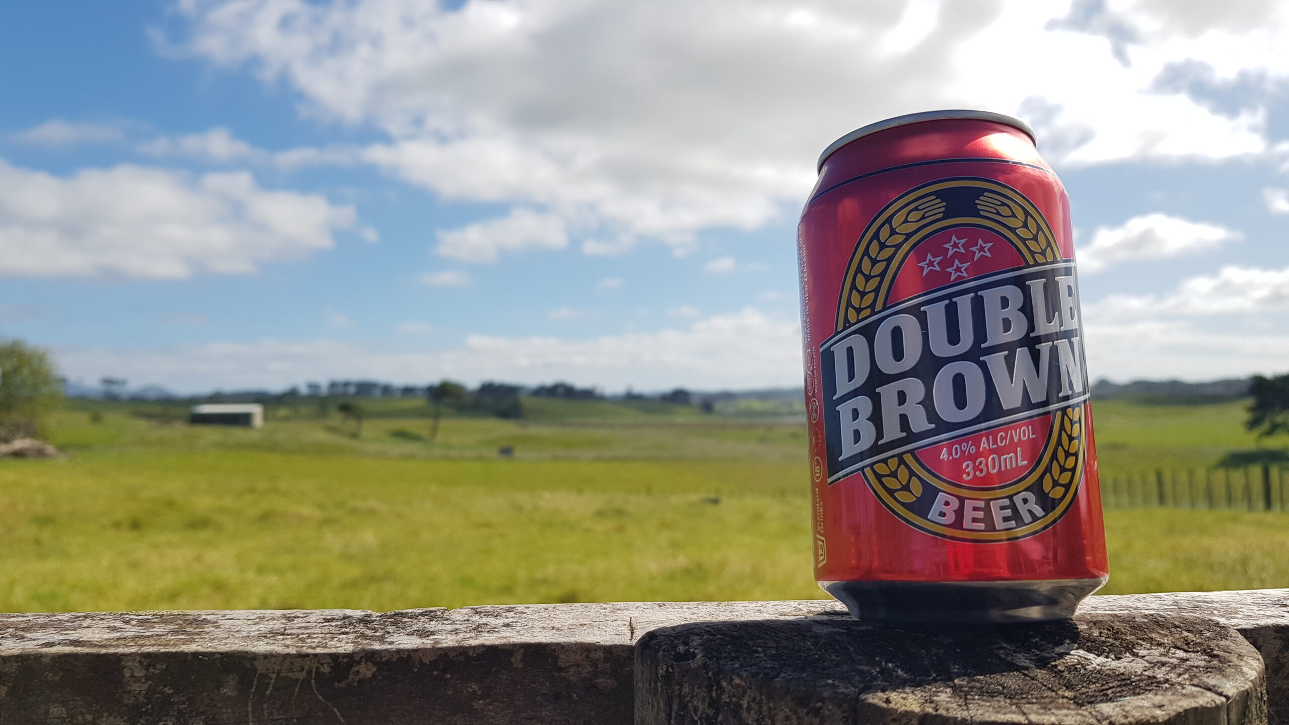 A red can of double brown sits on a fence post with a lush green paddock and blue sky in the background