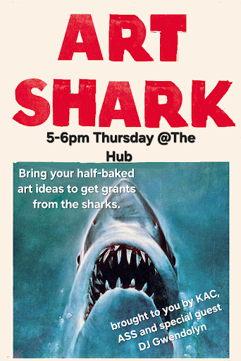 A poster with the words 'art shark' in bold red lettering at the top and an underneath shot of a sharks jaw at the bottom