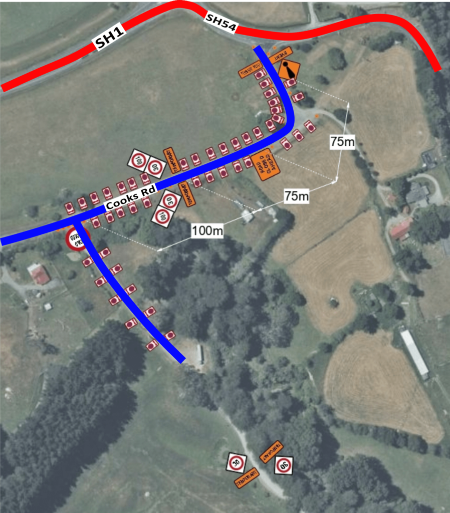 a map of the roads leading to the kiwiburn site showing where participants must not stop