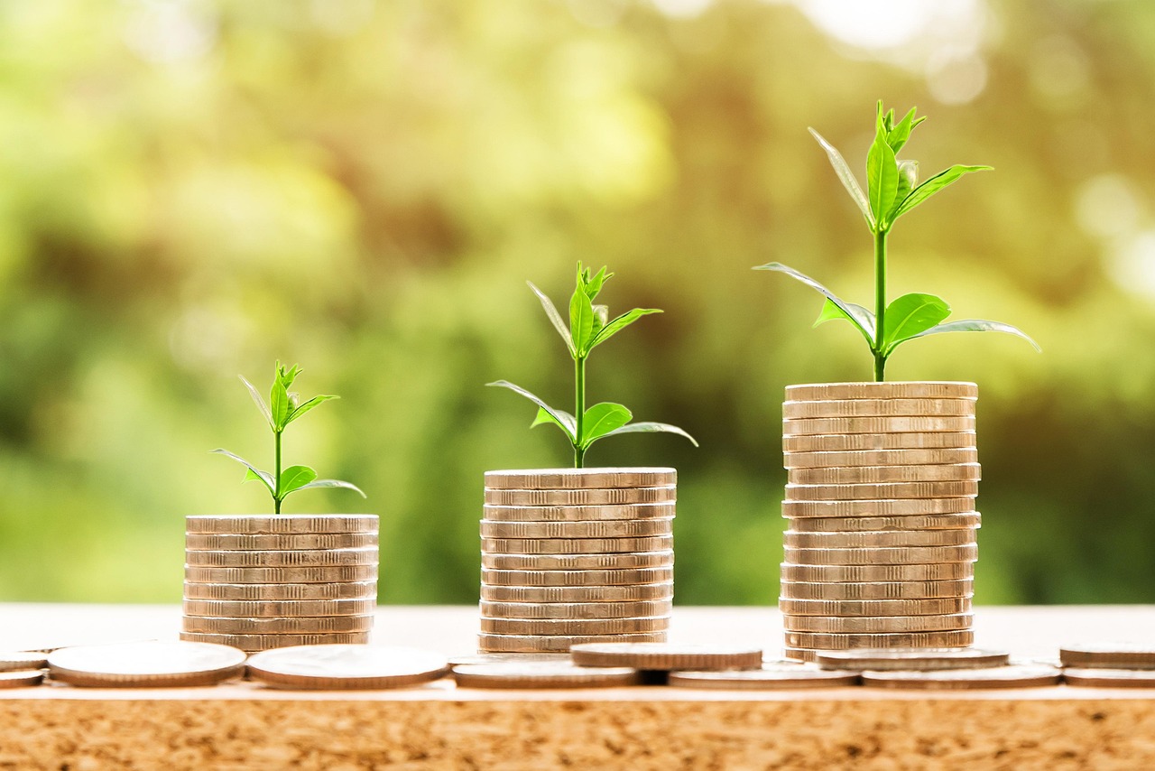 Three stacks of coins, small, medium and large, with small green shoots growing out of them