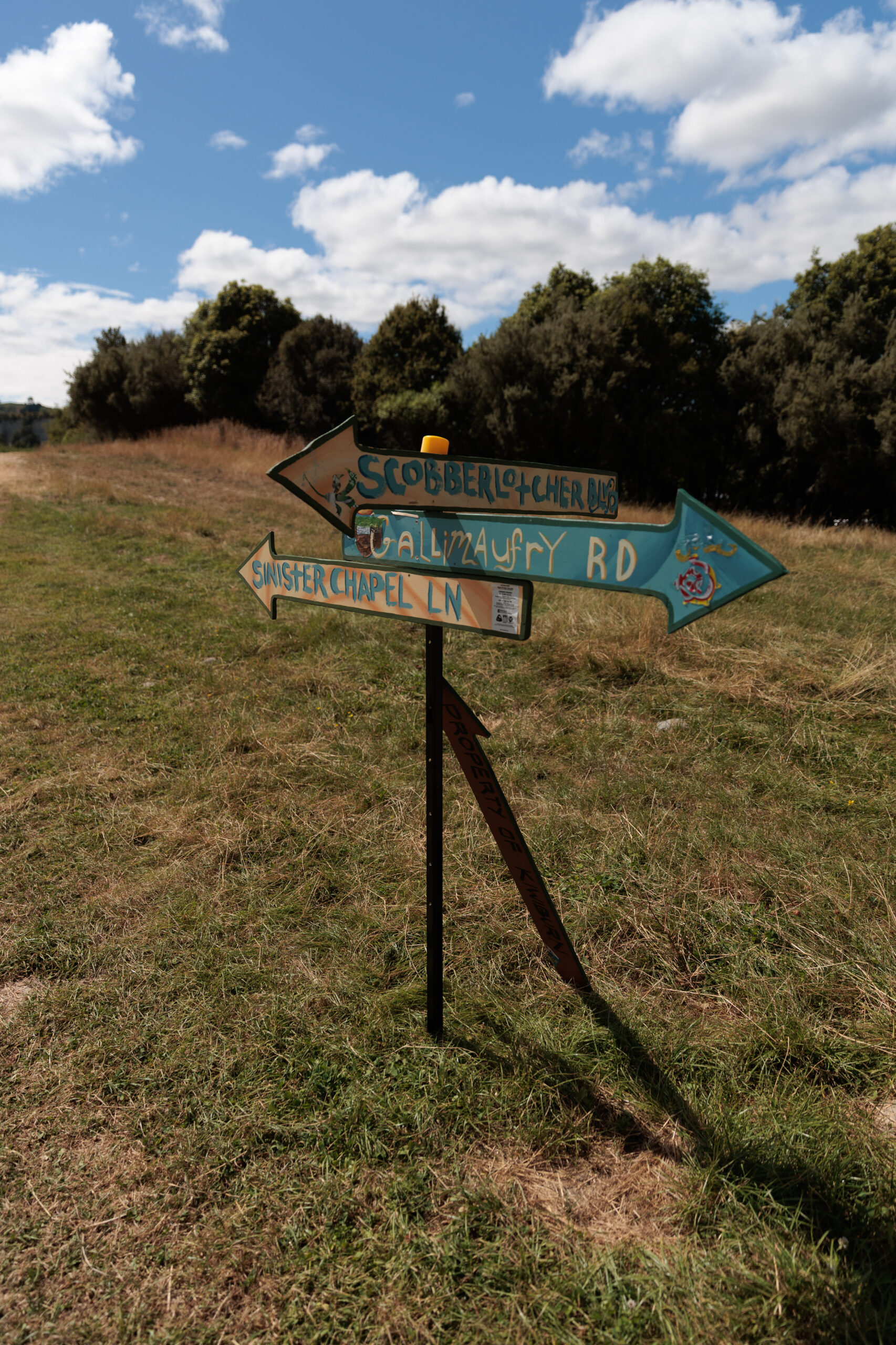 signage.danielwagner.2025-3 Colourful wooden arrow signs on a grassy paddock