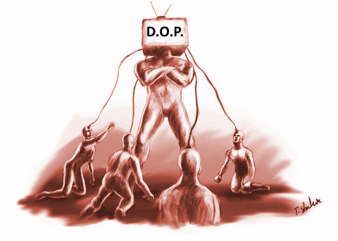 A sketch of a person with a TV for a head with the letters DoP on the screen, and people bowing before the screen