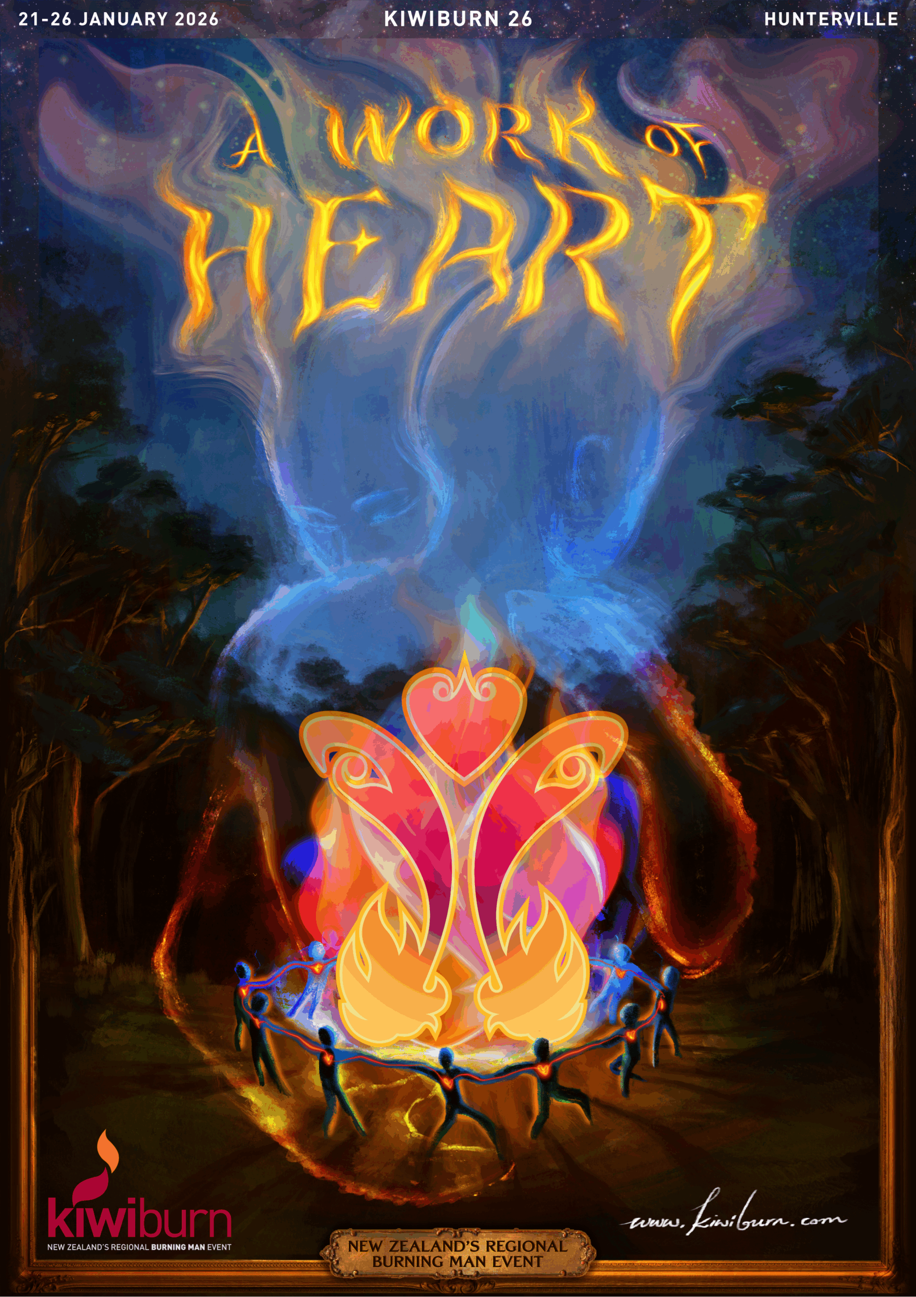KB26 Poster - a group of people dancing around a giant fire in the shape of a heart, with the words 'a work of heart' glowing in the smoke