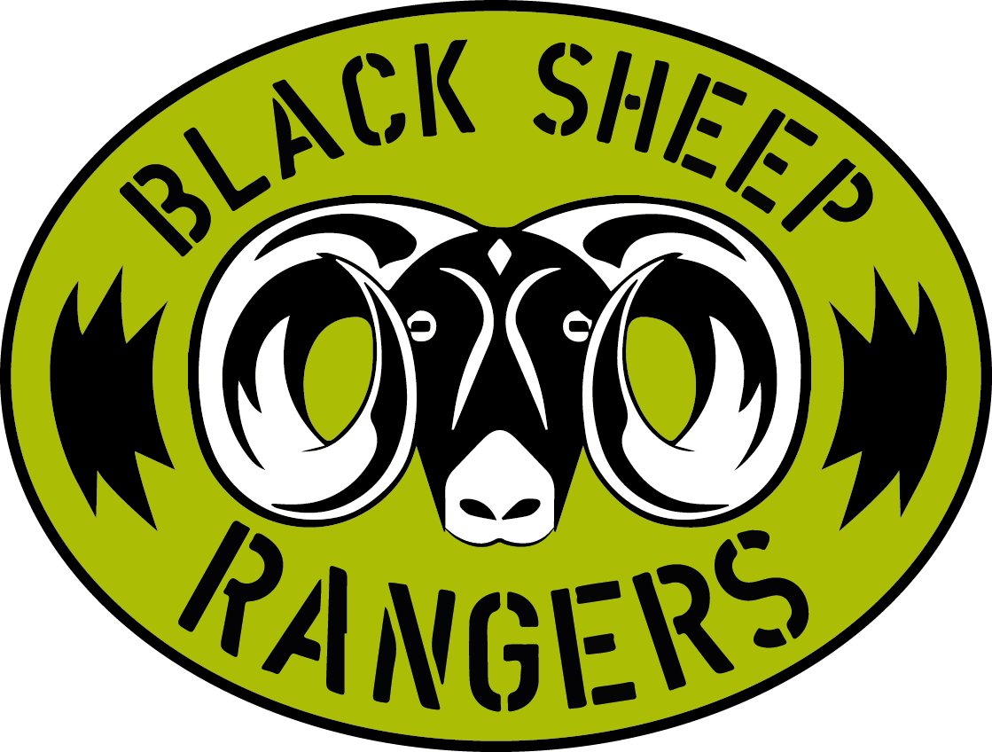 A green oval with a ram's head in the middle and the words 'black sheep rangers' circling the head