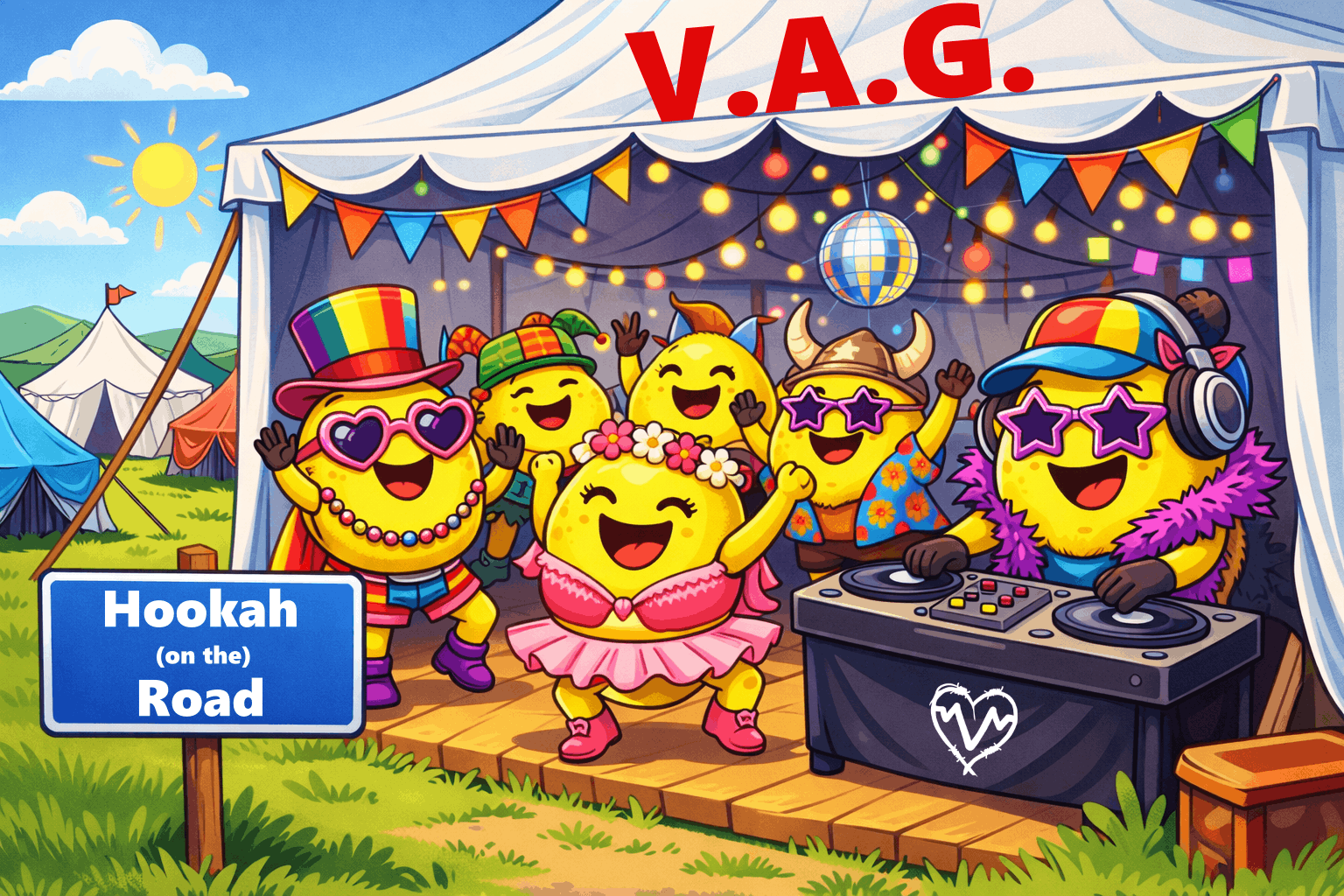 a cartoon of a group of lemons wearing festival outifts dancing to a lemon DJ