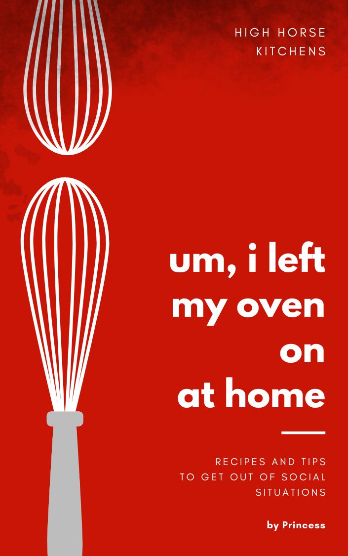 A cookbook titled 'Um, I left my oven on at Home' with smoke in the background.