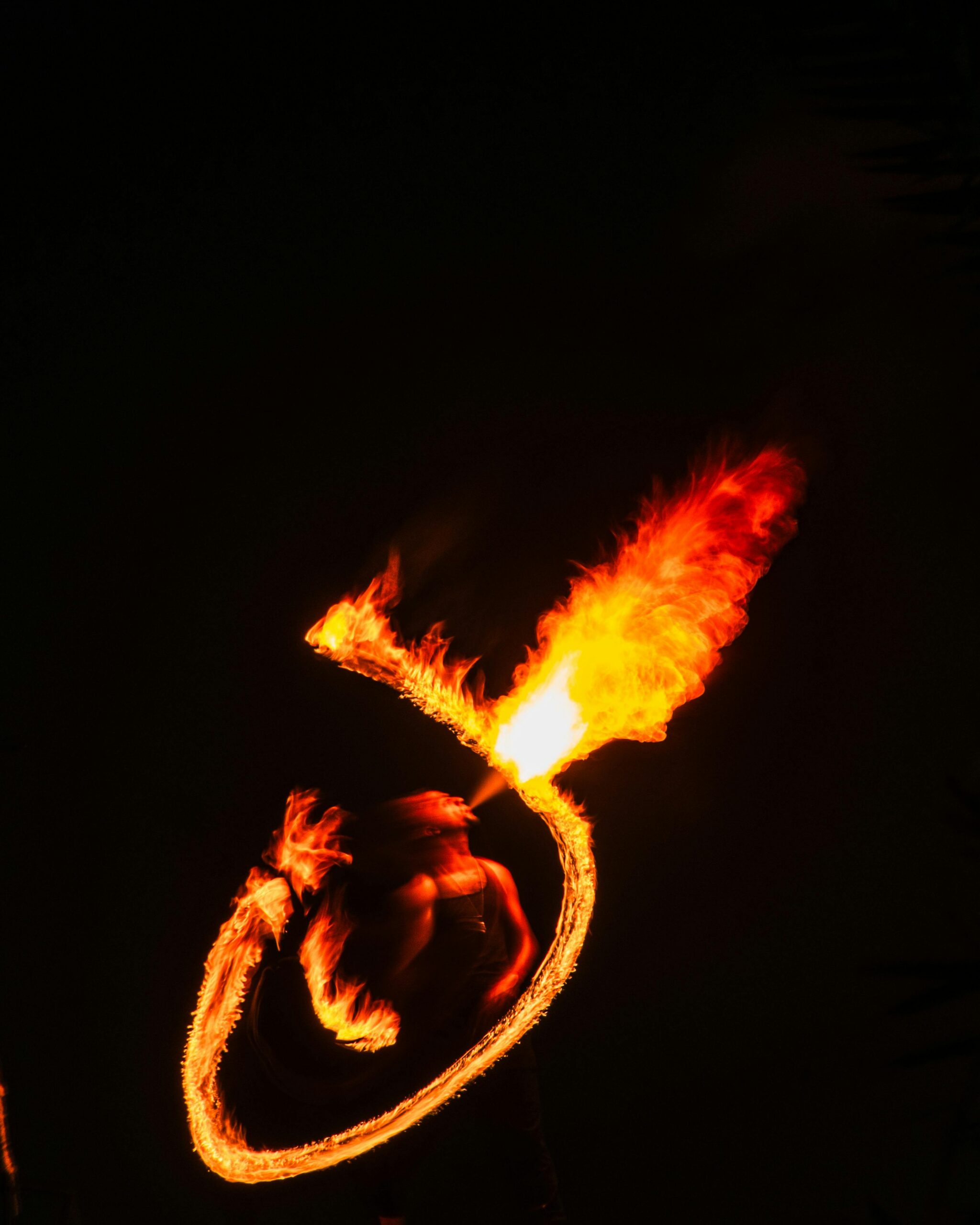 Firespinning, public domain image of a firebreather and poi spinner