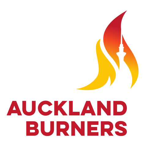 A flame with the Auckland sky tower in it above text saying 'Auckland Burners"