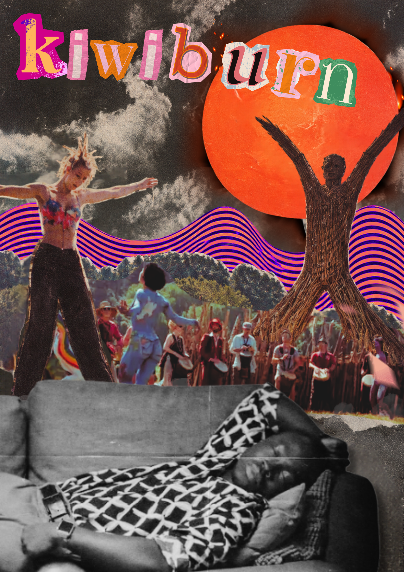 A surrealist collage featuring a man dreaming on his couch with a festival raging above him.